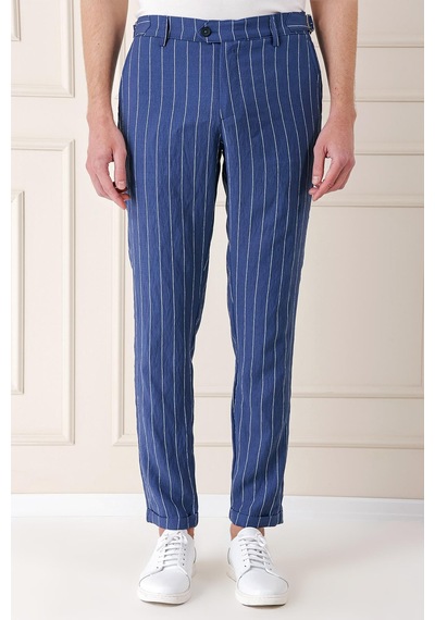 Efor Comfort Fit Yandan Tokalı Çizgili Keten Casual İndigo Pantolon P 1151 İndigo