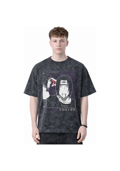 Sevbano Tasarım Sasuke Uchiha Naruto Anime Baskılı Unisex Oversize Eskitm Siyah