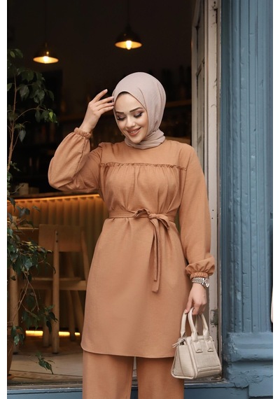 Misskayle Fırfır Detaylı Tesettür Camel Takım Camel