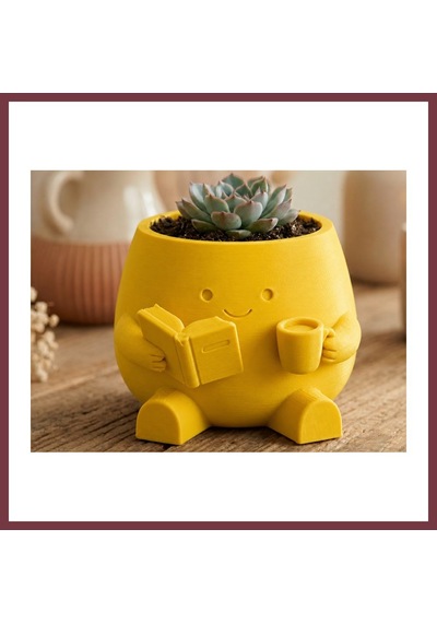Storeşahin 3d Baskı Kitap Okuyan Saksı - Kupa Tutan Sevimli Saksı-sarı Shn0720