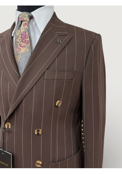 Hermose Sartorial Kahverengi Çizgili Kruvaze Takım Elbise