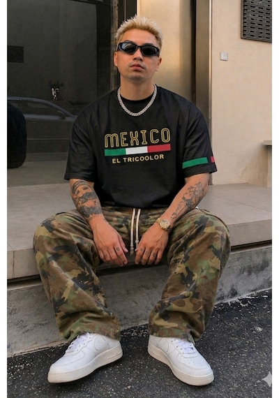 Tarz Cool Erkek Regular Baskılı Tişört Mexico Yazılı %100 Pamuk Rahat Kesim T-shirt Siyah
