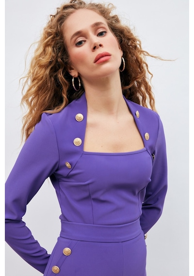 Sateen Düğme Detaylı Bluz - Mor