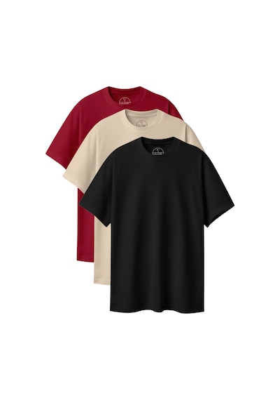 Velvoria Unisex Oversize Basic 3'lü Bordo Bej Siyah Renk T-shirt Çok Renkli14