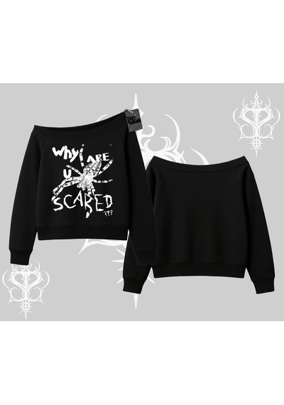 Beyaz Kayık Yaka Sweatshirt Why Are U Scared Siyah