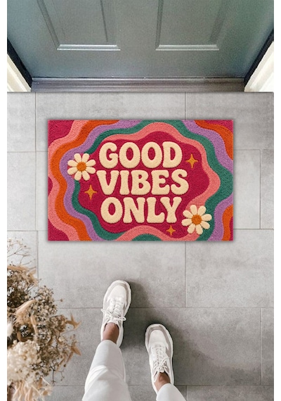 Rugmood Good Vibes Only Boho Retro Dekoratif Kapı Önü Paspası 70x45 Cm Çok Renkli
