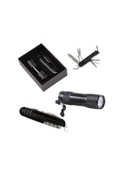 Kutusunda 7 Fonksiyonlu Çakı & 9 Led Metal El Feneri İkili Set Siyah