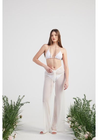Holly Lolly Beli İp Detaylı Tül Pareo Shirred Pantolon Beyaz