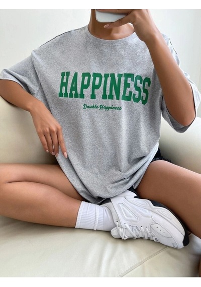Gri Oversize Happıness Baskılı T-shirt - Oversize Unisex Gri