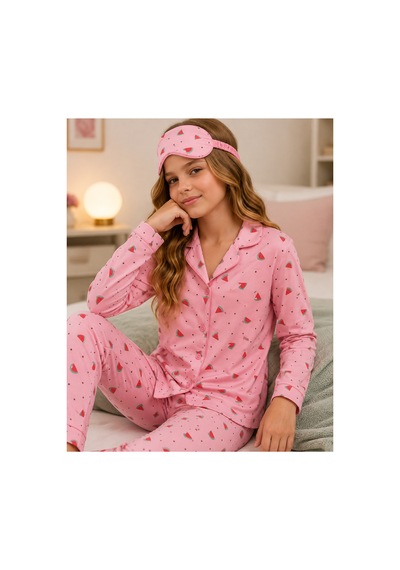 Beka Kids Desenli Uzun Kollu Önden Düğmeli Gömlek Yaka Kız Çocuk Pijama Takımı Ve Göz Bandı Çok Renkli