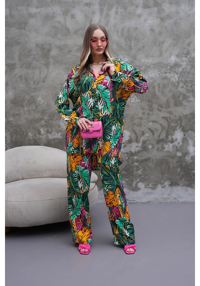 Polologin Butik Tropik Yaprak Desenli Takım Çok Renkli