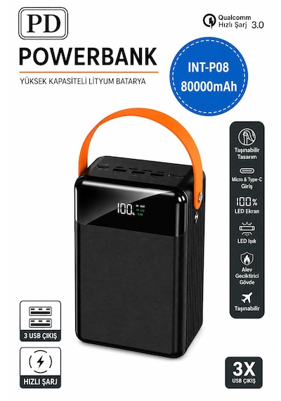 80.000mah Taşınabilir Powerbank Hızlı Şarj 3 Usb Çıkışlı Type-c Lightning Kablo Lcd Gösterge Siyah - Siyah