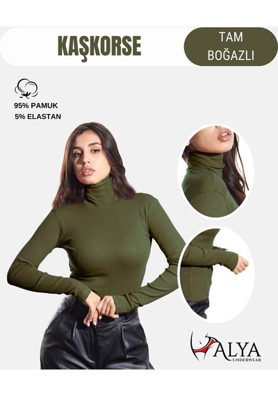 Alya Underwear Kaşkorse Tam Boğazlı Body Sweatshirt, Fitilli Kumaş, Likralı, Gül Kurusu Asker Yeşili