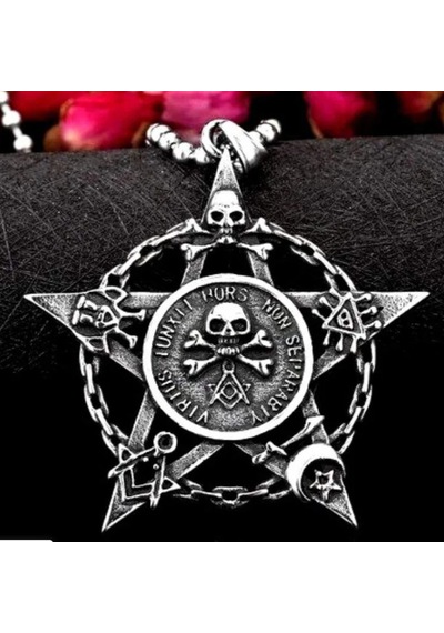 Paslanmaz Çelik Okült Sembollü Erkek Gotik Kurukafa Pentagram Kolye Çelik