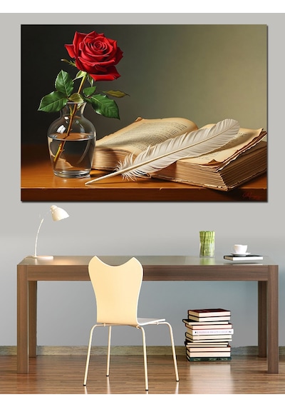 Kırmızı Gül Ve Kitap Dekoratif Kanvas - Mdf Ahşap Tablo