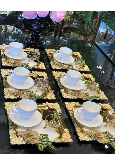 6'li Kahve & Çay & Sunum Tepsisi Metal Döküm Gül Model Gold Çok Renkli