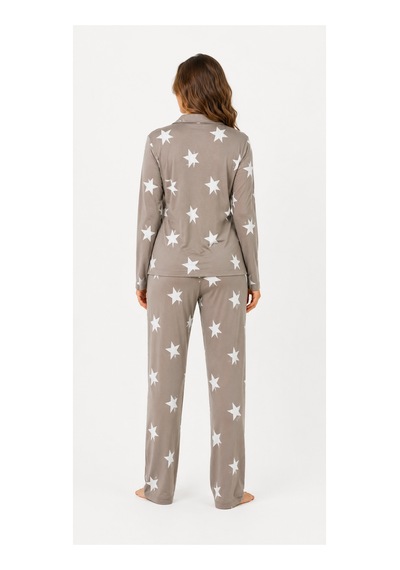 Sleeproom Kadın Süet Mevsimlik Uzun Kol Bej Yıldız Çizgi Desen Pijama Takımı