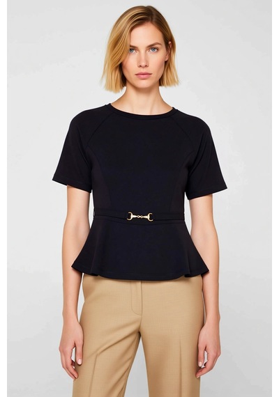 Benerly Kadın Bluz Peplum Kalıp Bisiklet Yaka Reglan Kol Kısa İnterlok Ör siyah