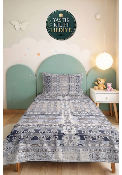 Geometrik Bohem Mavi Tek Kişilik Pike Takımı - Etnik Modern Gri 160x220 Cm Kapitone Yatak Örtüsü Lavantaımsı Kum Aralığı
