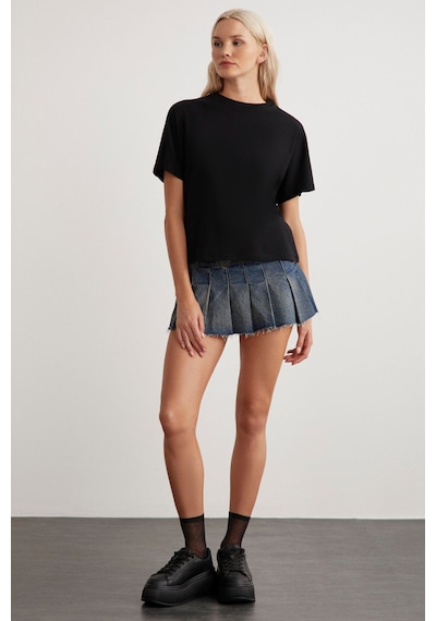Grimelange Lottıe Kadın %100 Organik Pamuklu Regular Kalıp Bisiklet Yaka Basic Kısa Kollu Siyah T-shirt