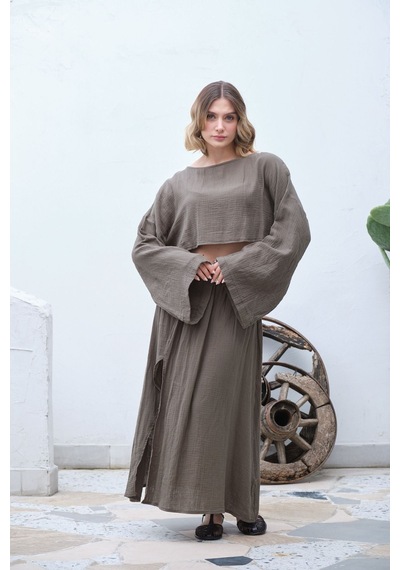 Unika Boutique Ham Keten Bohem Bluz Etek Takım Haki