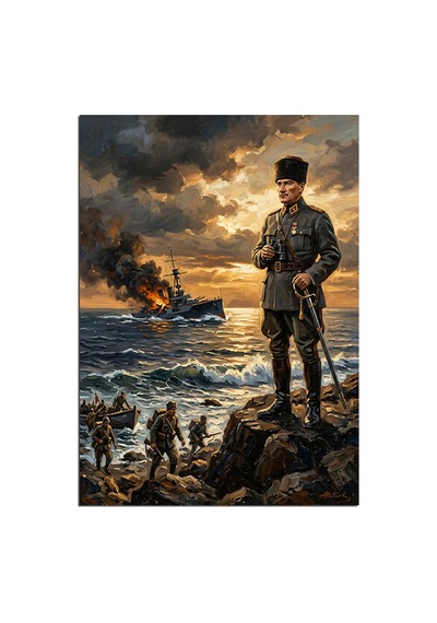 Kayalıkta Atatürk Ve Çanakkale Savaşı Dekoratif Kanvas - Mdf Ahşap Tablo