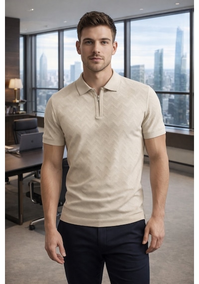 Erkek Slim Fit Fermuarlı Polo Yaka Triko Tişört Bej