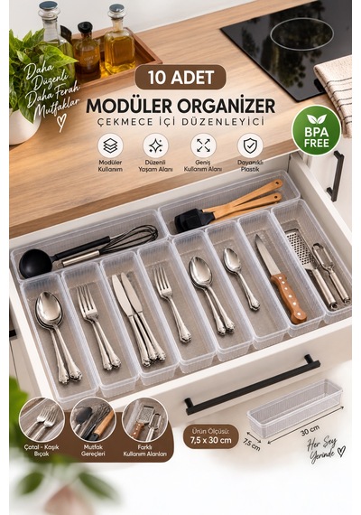 Porsima 0382 Modüler 10'lu Çekmece İçi Organizer Seti 30x7.5 Cm - Çatal Bıçak & Ev Düzenleyici Şeffaf