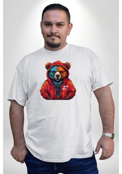 Angemiel Beyaz Hoodie Ayı Beyaz Büyük Beden Kadın Erkek Ünisex Basic Ön Baskılı Tişört Beyaz