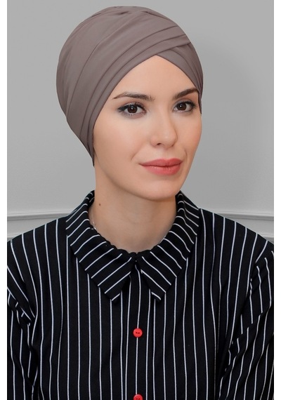 Hürrem Bone Vizon Pratik Hazır Geçmeli Tesettür Bone Sandy Kumaş Üç Çapraz 18 Vizon