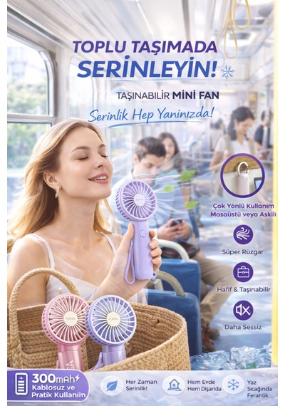 Taşınabilir Mini Fan 300mah Kablosuz Sessiz Güçlü Motor Yaz İçin Serinlik Sağlar 3 Kademeli Serinlik