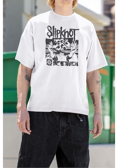 Slipknot Baskılı Unisex Tişört, Oversize Anime Tişört Beyaz