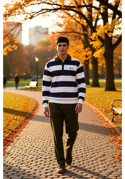 Benerly Erkek Polo Yaka Standart Kol Çizgili Sweatshirt Fonksiyonel Dayan Lacivert