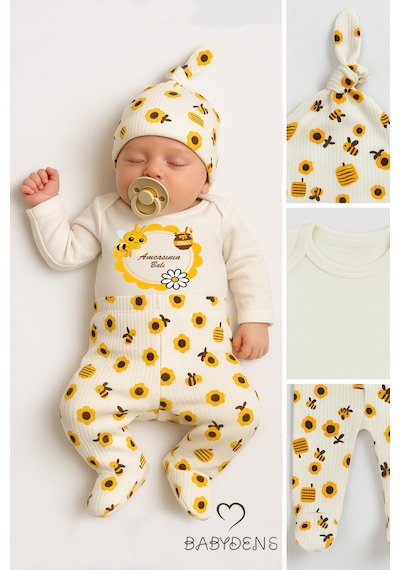 Babyden's Amcasının Balı Baskılı Yenidoğan Bebek Takımı 3 Lü Set Pamuklu Zıbın, Patikli Alt Ve Şapka Unisex Ekru