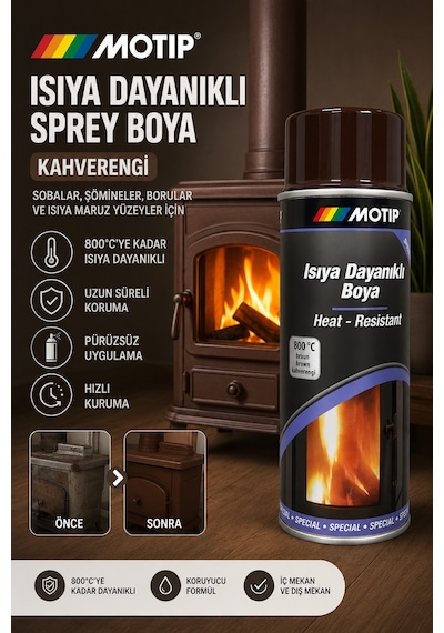 Motip Kahverengi 800 Derece Isıya Dayanıklı Yanmaz Sprey Boya 400 Ml Soba Boyası