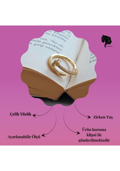 Ayarlanabilir Çivi Model Zirkon Taşlı Gold Renk Çelik Yüzük Altın