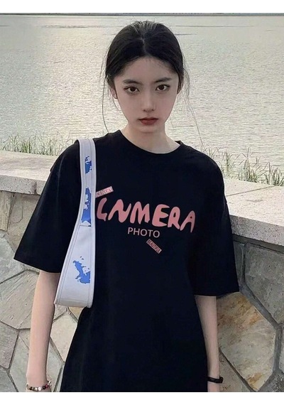 Lnmera T-shirt - Siyah Baskılı Oversize Bisiklet Yaka Kısa Kol Siyah
