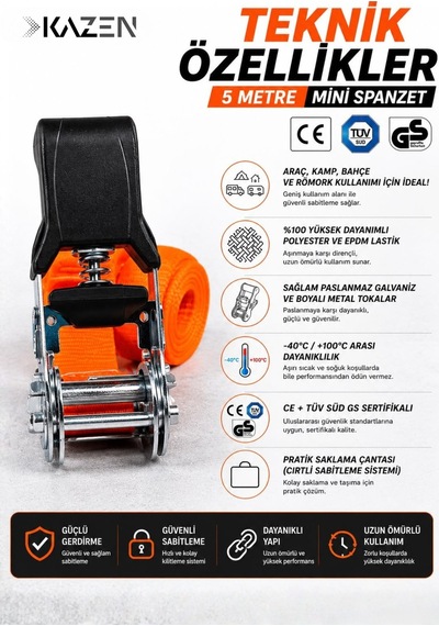 5 Metre Gırgırlı Cırcırlı Mini Spanzet Gerdirme Halatı Tüv Gs Sertifikalı