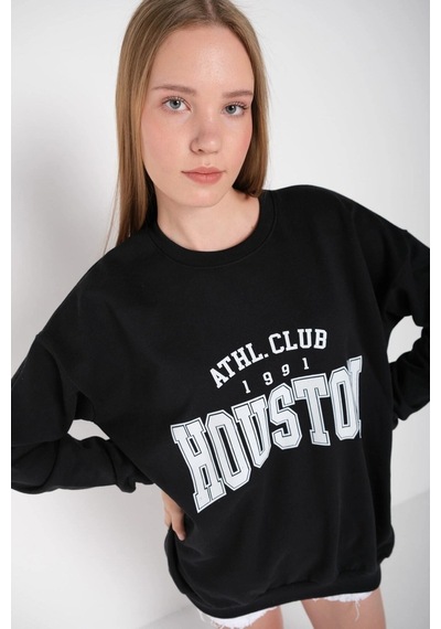 Startmore Kadın Gri Houston Baskılı Bisiklet Yaka Oversize Sweatshirt Mdgnhouston Siyah
