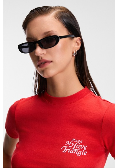 ETHIQUET MIREZA Kadın Baskı Detaylı Slim Fit Kısa Kollu Yuvarlak Yaka Kırmızı T-Shirt