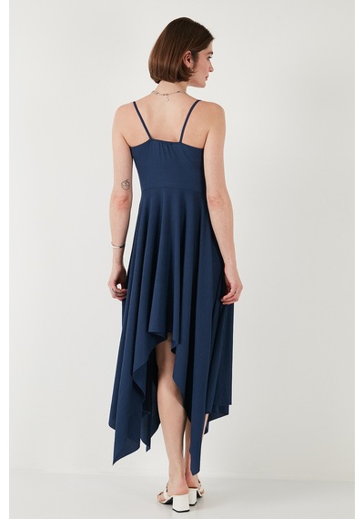 Lela Asimetrik Kesim Regular Fit Midi Boy Askılı V Yaka Bayan Elbise 5866131 Indigo