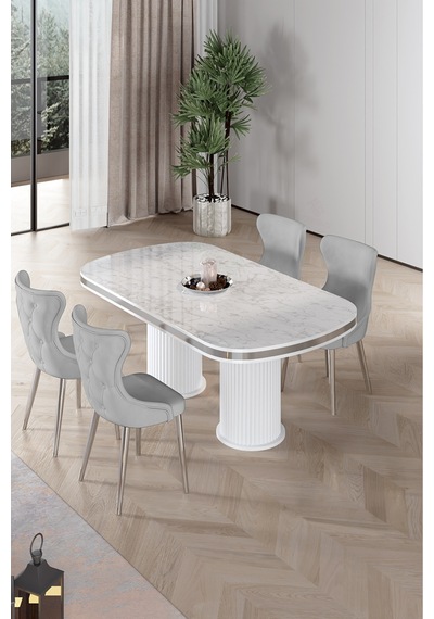 Canisa Galya Serisi Lak Panel 90x168 Sabit Beyaz Mermer Desen Mutfak Masa Takımı 4 Sandalye Beyaz Mermer Masa Gri Sandalye Canisa Galya Serisi Lak Panel 90x168 Sabit Beyaz Mermer Desen Mutfak Masa Takımı 4 Sandalye Beyaz Mermer Masa Gri Sandalye