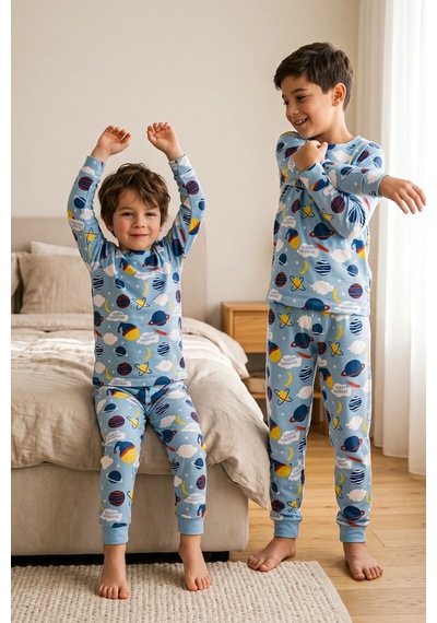 Zuzunga Kısa Kollu Planet Pattern Erkek Çocuk Pijama Takımı Mavi