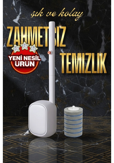 Yeni Nesil Sünger Başlıklı Tuvalet Fırçası Değiştirilebilir Köpüklü Klozet Temizlik Seti Beyaz