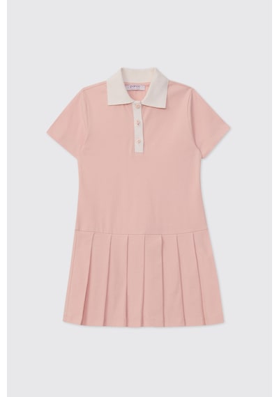 Panço Kız Çocuk Yakalı Eteği Pileli Açık Pembe Elbise 2621GK26005