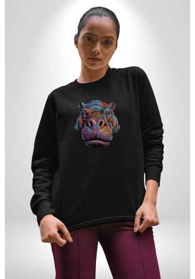 Su Aygırı Hipopotamo Renkli Unisex Siyah Baskılı Sweatshirt Siyah