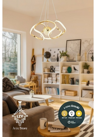 Gabriel Model Led Avize Beyaz Işık Salon Mutfak Oda Hol Ledli Avize Gold