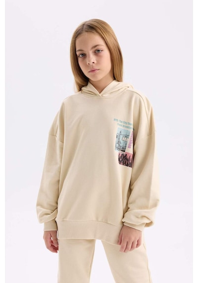 DeFacto 	Kız Çocuk 2'li Takım Bisiklet Yaka Baskılı Sweatshirt Beli Lastikli Jogger Eşofman Altı D4057A824WNER42 Ekru