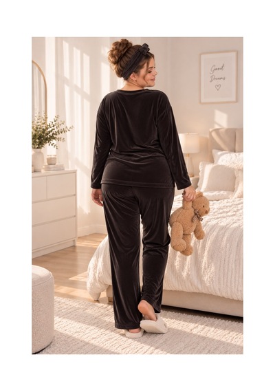 Nisanca Büyük Beden Kadife Kadın Pijama Takımı - Süper Soft Kadife Kahve
