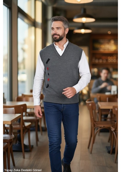 Kamalı Erkek Gri Tüylenme Yapmayan Anti-pilling Standart Fit Normal Kesim V Yaka Triko Süveter